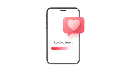 Smartphone showing a loading bar with text loading love and heart icon isolated on transparent background