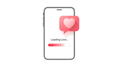 Smartphone showing a loading bar with text loading love and heart icon isolated on transparent background