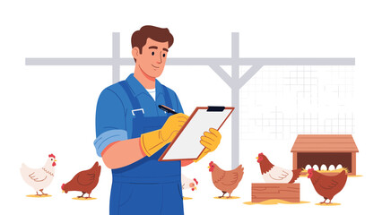 Farmer meticulously checking chicken health and egg production in modern coop for sustainable agriculture and ethical farming practices