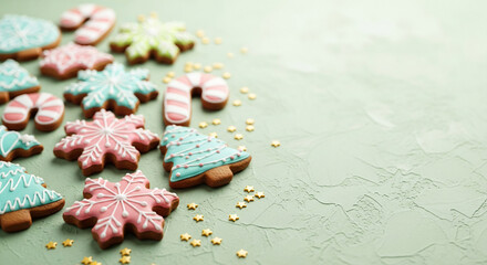 Assortment of iced cookie on green textured surface with small star sprinkles, representing sweet winter treat, perfect for holiday celebration