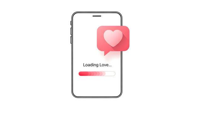 Smartphone showing a loading bar with text loading love and heart icon isolated on transparent background