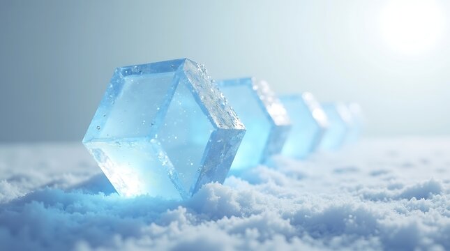 Glowing blue hexagonal crystals on a snowy surface