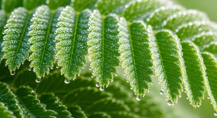 Fresh green leaves covered in water droplets close up for botanical nature dew background