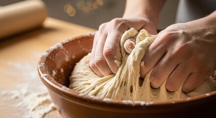 Hands kneading dough in rustic kitchen setting