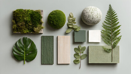 A nature-inspired green palette set featuring leaves, moss, and soft botanical swatches arranged in a clean balanced layout