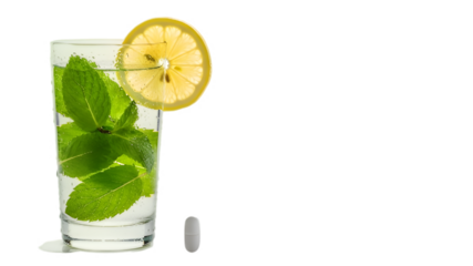 Refreshing wellness tonic with lemon and mint, alongside a vitamin tablet, symbolizing health, vitality, and a proactive lifestyle, perfect for nutrition themes