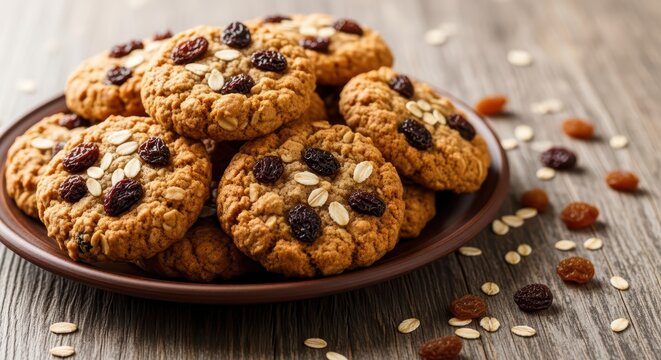 Delicious homemade oatmeal raisin cookies on wooden table