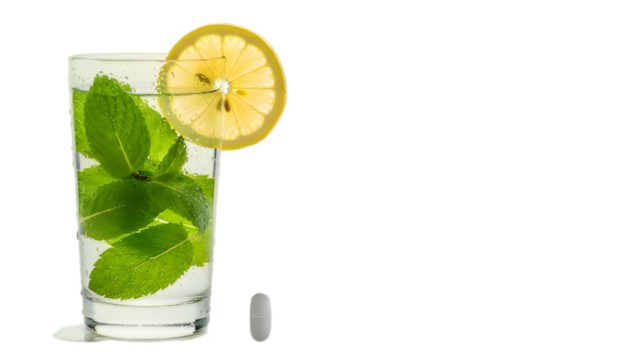 Refreshing wellness tonic with lemon and mint, alongside a vitamin tablet, symbolizing health, vitality, and a proactive lifestyle, perfect for nutrition themes