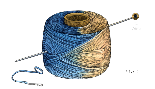 Digital illustration of a spool of thread pierced by a needle. Two-tone color scheme
