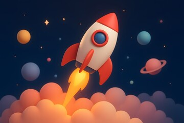 Glossy rocket launching through vibrant orange and purple clouds