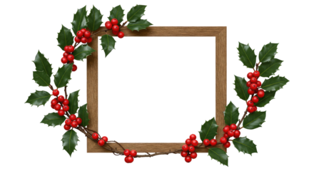 Square Wooden Frame with Christmas Holly Decoration for Mockup Isolated on Transparent PNG Background.