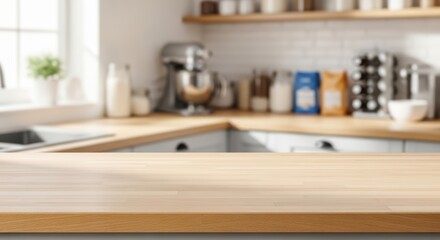 Wooden kitchen countertop in bright modern kitchen with appliances and shelves