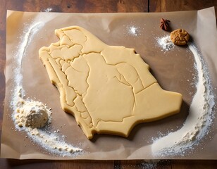 Dough shaped like Saudi Arabia on parchment. Flour dusts, spices and cookies nearby on a dark wooden surface