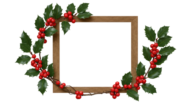 Square Wooden Frame with Christmas Holly Decoration for Mockup Isolated on Transparent PNG Background.