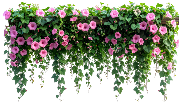 A cascade of pink trumpet-shaped flowers spills from a lush curtain of green vines