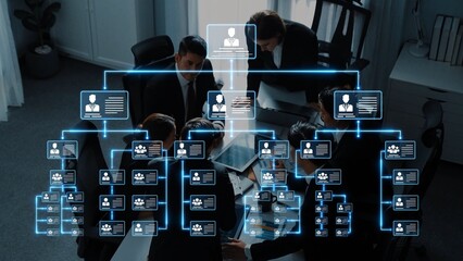 An engaging visual portrayal of a corporate meeting, showcasing teamwork and digital organizational hierarchy with professionals collaborating in a modern office environment. Raster