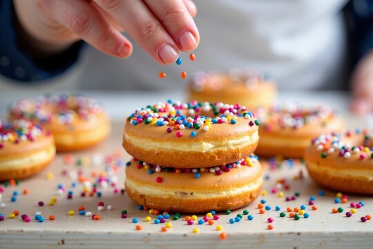 Hand pouring colorful sprinkles onto a stack of donuts in close-up shot. - Powered by Adobe