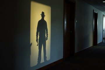 The enigmatic silhouette of a trespasser brandishing a flashlight and crowbar looming on a wall within an office hallway.