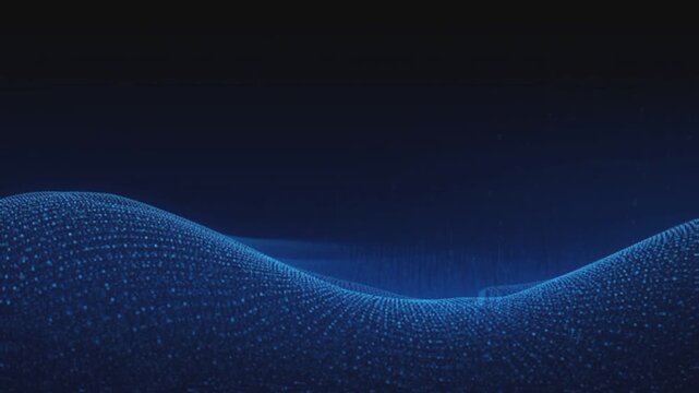 Blue digital wave formed by countless small dots against a dark blue background with subtle binary code elements