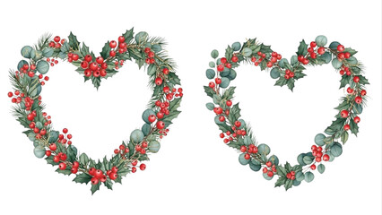 Watercolor Christmas Heart Wreath Set with Holly Leaves, Eucalyptus and Red Berries © Ruwani