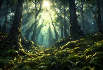 Sun rays through tree branches. Generative AI