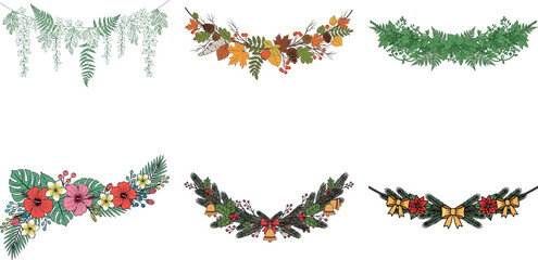Collection of six decorative floral and foliage garlands isolated on transparent background, perfect for festive occasions