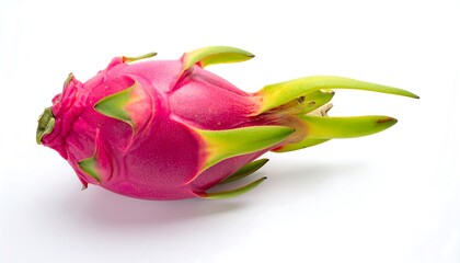 Dragon fruit, vibrant magenta hue with bright green spiky scales, isolated on a clean, stark white backdrop