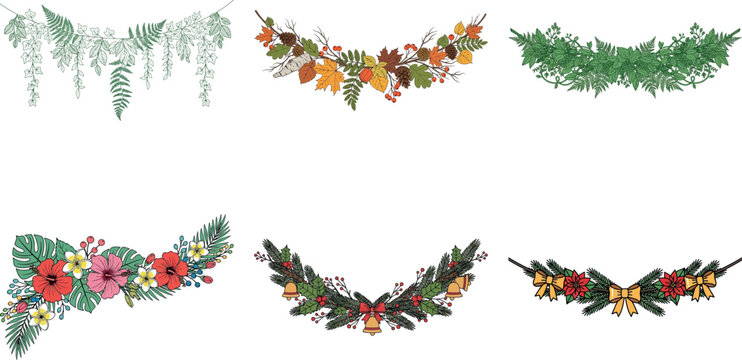 Collection of six decorative floral and foliage garlands isolated on transparent background, perfect for festive occasions