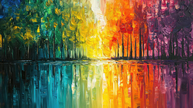 Colorful reflections in water, presenting a vivid array of hues that mimic an abstract painting on the natural canvas of a lake - Powered by Adobe