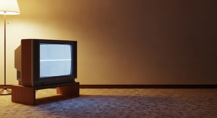 Vintage crt television with static screen in dimly lit living room