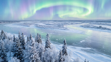 Aurora Borealis Over Frozen River and Snow Covered Forest Landscape northern lights