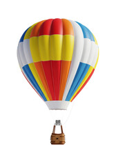 Fototapeta premium highly detailed hot air balloon, vibrant red, yellow, blue, and white striped nylon envelope, wicker basket, low angle shot on transparent studio cyc wall concept of global travel and freedom
