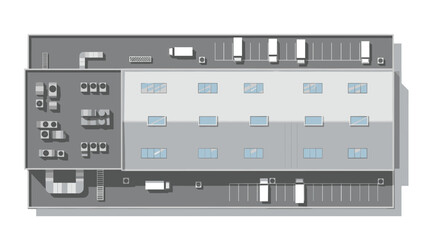 Modern distribution center rooftop view with trucks ready for delivery, showcasing efficient logistics and contemporary industrial design