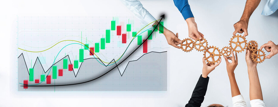 Diverse team collaborating to enhance business growth illustrated by hands holding gears and a financial chart background representing strategy and innovation. Axiom