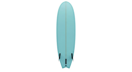 Light blue surfboard PNG isolated on transparent background, retro style board with three fins for surfing and water sports