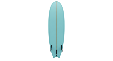 Light blue surfboard PNG isolated on transparent background, retro style board with three fins for surfing and water sports