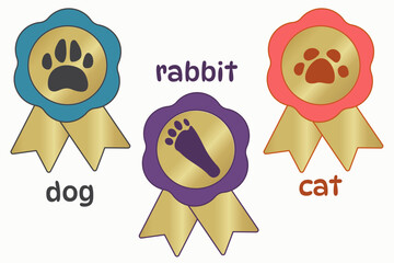 Medals, awards, paw print trophy, dog, cat, rabbit, gold, first place, winner