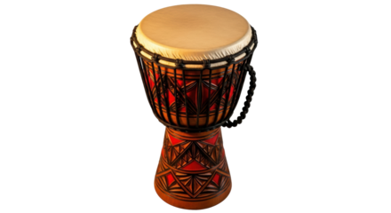 Djembe drum PNG isolated on transparent background, traditional African percussion instrument with intricate carvings and rope tuning system