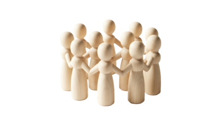 Wooden peg dolls holding hands in a circle isolated PNG, teamwork and community concept on transparent background