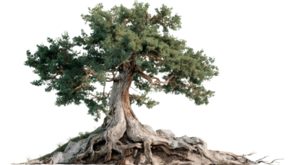 Ancient, gnarled tree with exposed roots stands strong against a clean white background.