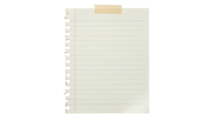 Lined notebook paper with tape isolated PNG, torn edge note for message, reminder, or scrapbook on transparent background