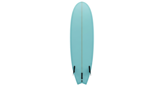 Light blue surfboard PNG isolated on transparent background, retro style board with three fins for surfing and water sports