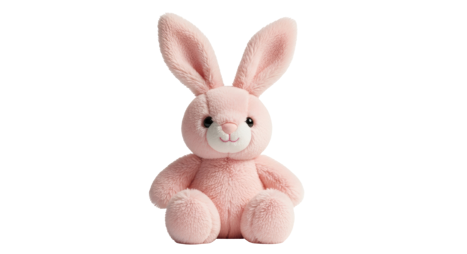 Adorable pink bunny plush toy isolated PNG on transparent background, cute stuffed animal for kids and Easter decoration