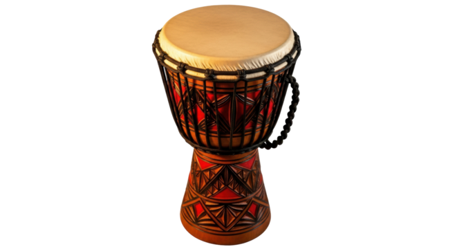 Djembe drum PNG isolated on transparent background, traditional African percussion instrument with intricate carvings and rope tuning system