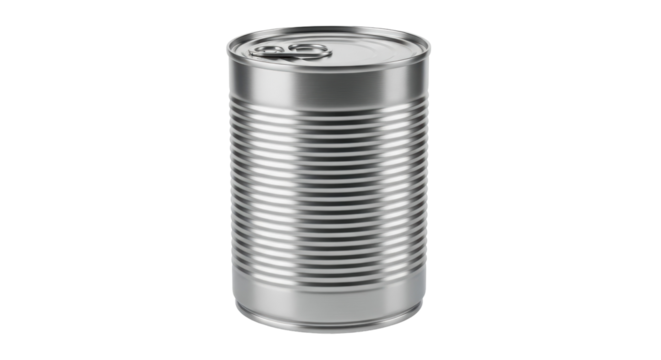 Silver metal food can isolated PNG on transparent background, canned goods container for preservation and storage