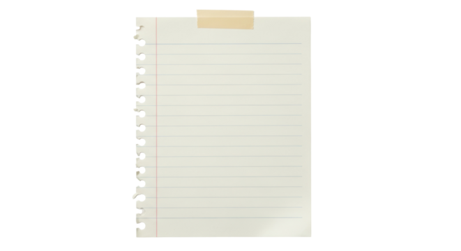 Lined notebook paper with tape isolated PNG, torn edge note for message, reminder, or scrapbook on transparent background