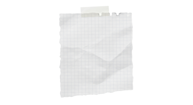 Crumpled graph paper note PNG isolated on transparent background, torn edge memo with tape for message or reminder