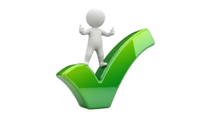 3D stick figure standing on a green check mark isolated PNG, concept of approval and success on transparent background