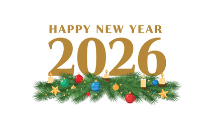 Happy New Year 2026 with festive ornaments and warm candles creating a joyful celebratory atmosphere for greeting cards