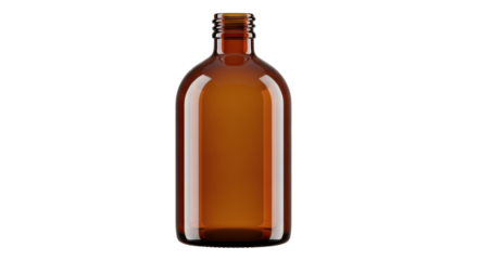 Amber glass bottle isolated PNG on transparent background, empty medicine container for pharmaceutical and aromatherapy use, brown